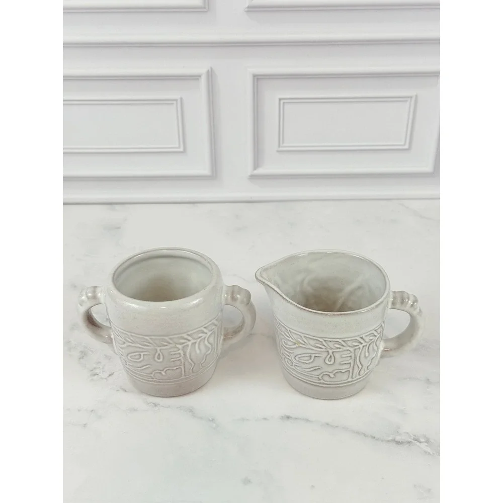 VTG Frankoma Pottery Mayan Aztec Pattern Sugar and Creamer